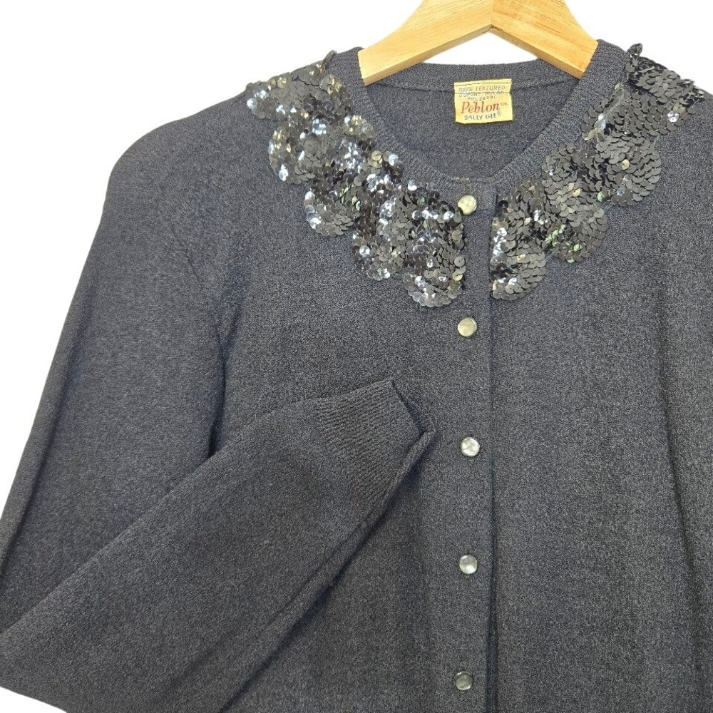 Vintage Black Cardigan Sweater Textured Sequin Medium Retro Glam‎ Rockabilly 60s